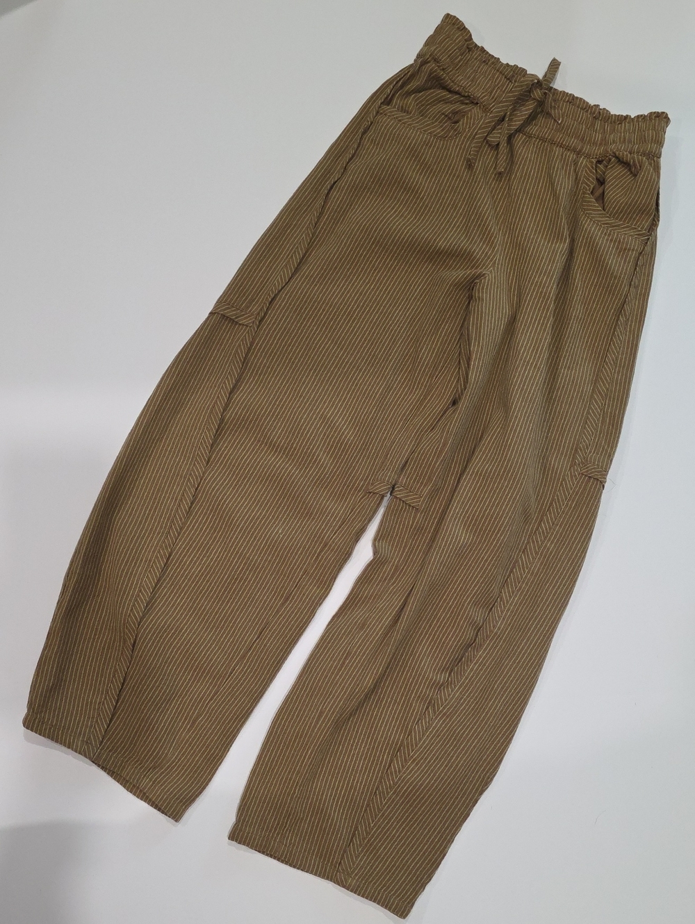 Free People Olive Pinstripe Paperbag Waist Wide-Leg Pants
